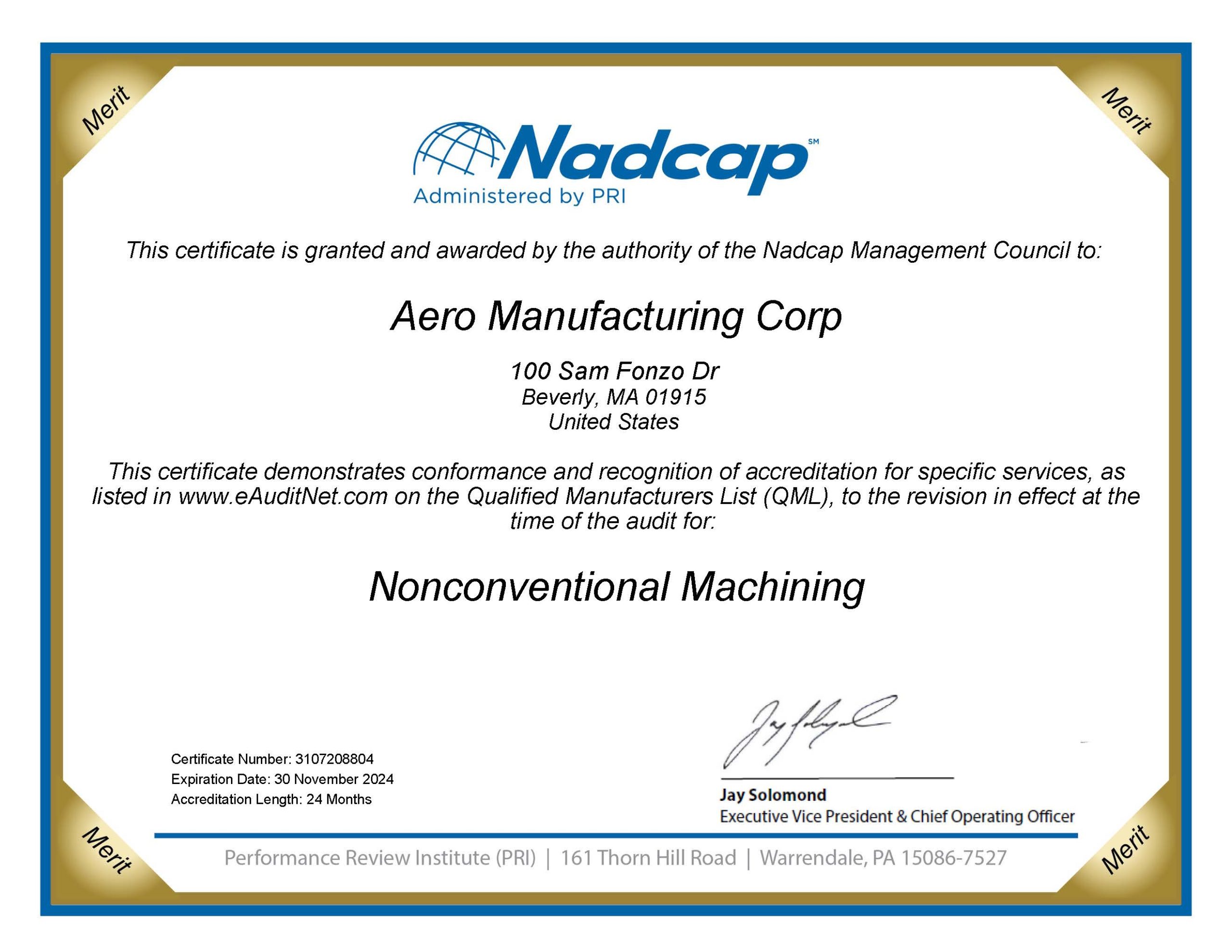 Certificate Nadcap (Aerospace) Nonconventional Machining audit # 208804
