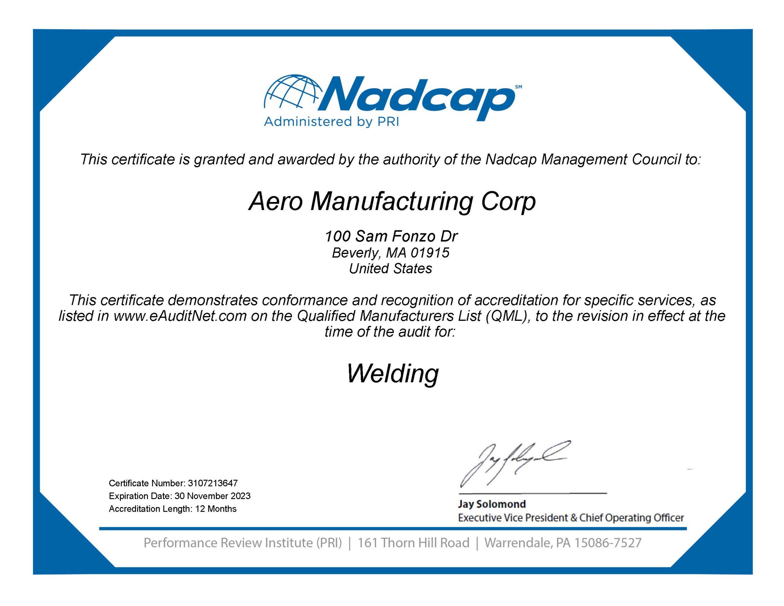 Certificate Nadcap (Aerospace) Welding audit # 213647