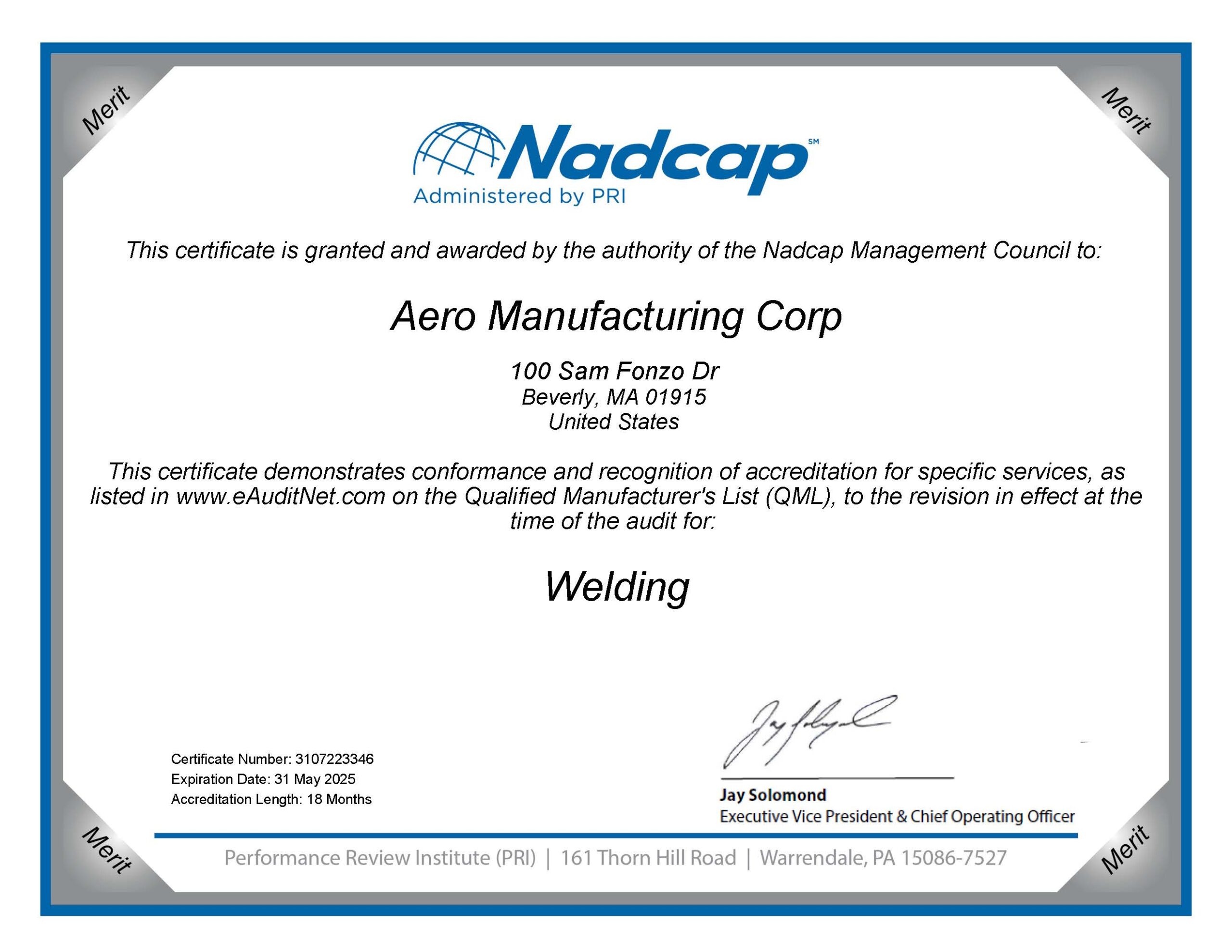 Certificate Nadcap (Aerospace) Welding audit # 223346